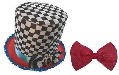 Adults Mad Hatter Top Hat & Giant Red Sequin Bow Tie Wonderland Fancy Dress • £14.95