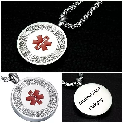 Epilepsy Epileptic Medical Alert Diamanté Necklace Stainless Steel Chain Dog Tag • £11.99
