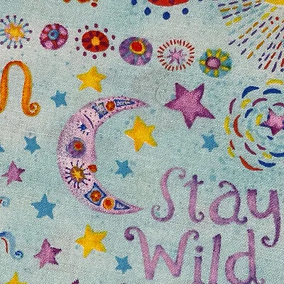 Cotton Fabric Stay Wild Moon Child Blue Purple Sun Stars FQ Or Continuous Cut • $4.99