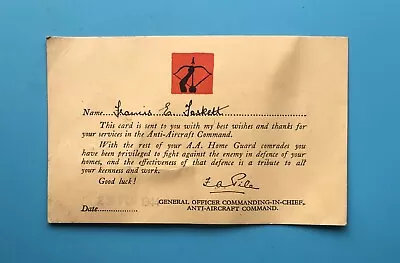 1944 ANTI-AIRCRAFT HOME GUARD “THANK YOU” CARD GO COMMANDING-IN-CHIEF A.A. Cmd. • £4.20
