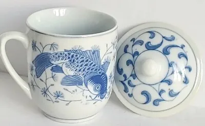 Vintage Blue & White Chinese Mug With With Lid 8oz Teacup Koi Carp Design • $19.99