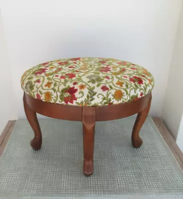 Footstool Chair Footrest Pouf Upholstered Floral Roses & Real Oak Wood -Vintage • $75