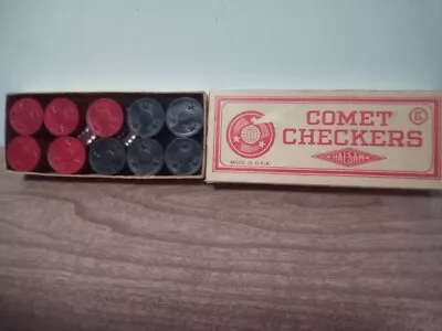 Halsam Comet Checkers Embossed Wood Set Original Box 30 Count Red Black Vintage • $10.99