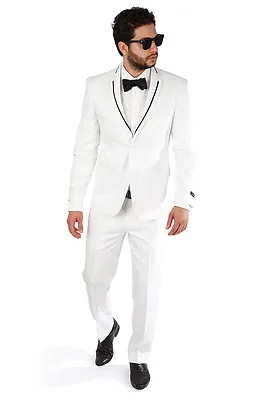 Slim Fit White Men's Tuxedo With Black Trim Collar 2 Button Notch Lapel By AZAR • $59.99