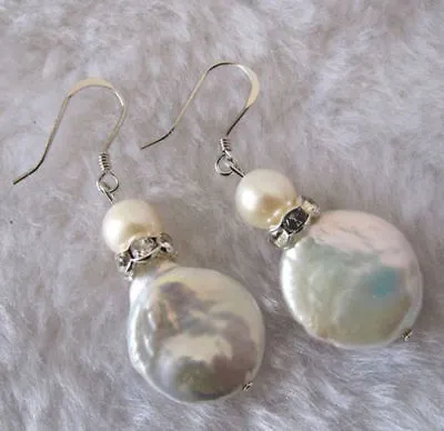 11-12mm Coin Pearl Cultured Freshwater White Pearl Silver Hook Dangle Earrings • £5.99