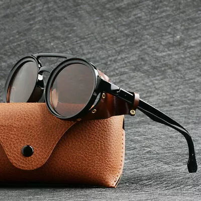 Mens Womens Sunglasses Vintage Steampunk Side Shields Leather Round Retro Shades • $18.07