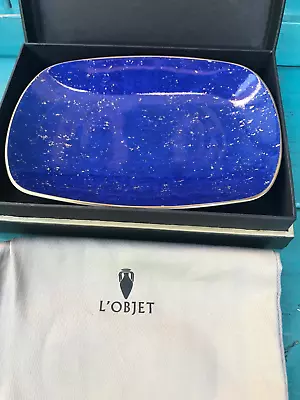 L'OBJET BLUE LAPIS 7  LONG X 5  WIDE DISH OR TRAY In Box GOLD FLECKING Porcelain • $44