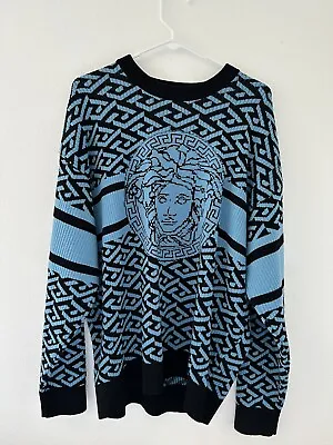 Versace La Greca Medusa Monogram Sweater Blue And Black Size 48 • $435