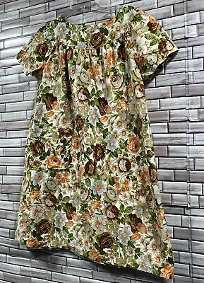 Womens Relaxed Fit Dress L Pullover Brown Floral Short Sleeve Moomoo Knee Length • $19.99