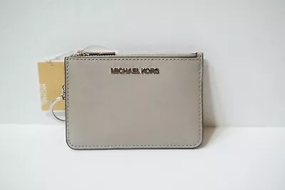 Michael Kors Jet Set Travel Coinpouch Id Holder Leather Wallet Pearl Grey • $49