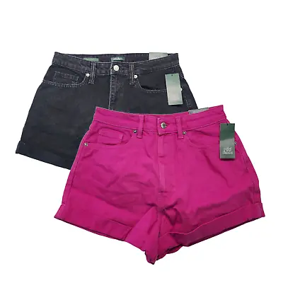 Womens Cuffed Jean Shorts High Rise Black Pink Denim 2 Pk Size 8 Waist 28 Inch • $19.98