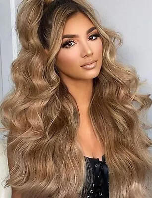 Synthetic Ombre Brown Wig Long Wavy Lace Front Wigs For Women Glueless Dark Root • $37.04