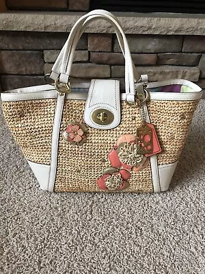 Coach Hampton Floral Applique Straw Weekend Coral White Tote Shoulder Bag 19347 • $90