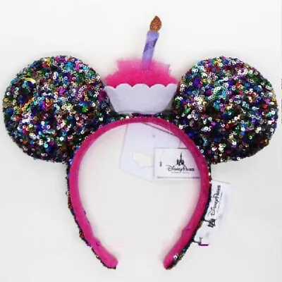 US Disney Parks Happy Birthday Minnie Mickey Ears Cupcake Cake Sequined Headband • $16.29