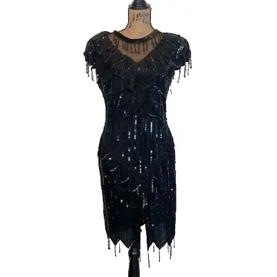 Laurence Kazar Silk Vintage Sequin Beaded Mini Dress Size PM Evening Party Black • $41.30