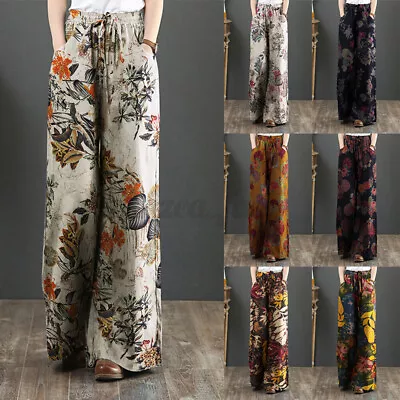 ZANZEA 8-24 Women Elastic High Waist Pants Plus Size Wide Leg Floral Trousers • $17.86