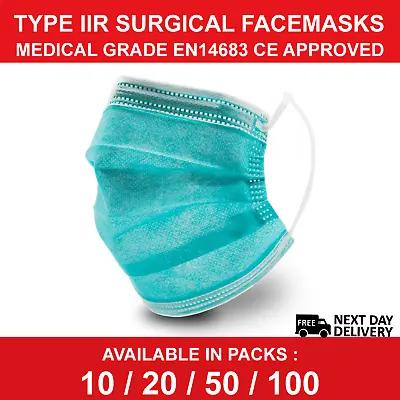 QTY 10 - Surgical 3 Ply Face Mask Type 2 IIR Masks White Mask With Ear Loops • £3.99