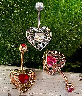1pc Vintage Filigree Heart W/Crystal Belly Button Ring Pierced Navel Naval • $11.95