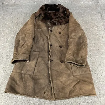 VINTAGE Sheepskin Jacket Mens Small Brown Coat Leather Warm Double Breasted • £8.99