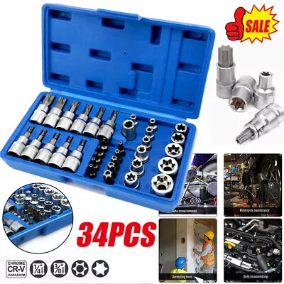 34Pcs Torx Star E-Socket & Bits Set Male/Female Security Bits 3/8  Drive E4-E20 • $23.49