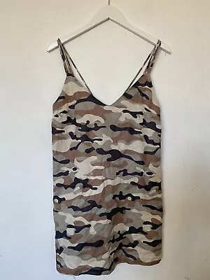 Zara Dress S Beige Brown Mix Camo Print Linen Cotton Casual Triple Strap A Line • $14.93