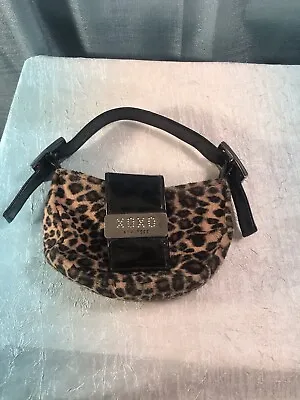 Vintage Y2K Purse XOXO Mini Bag Leopard Faux Fur Black Patent Bling Adjustable • $15.99