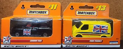 (2) 1999 Mattel Wheels 1:64 Scale Matchbox • London Taxi #11 & Ford Transit #13 • $8.99