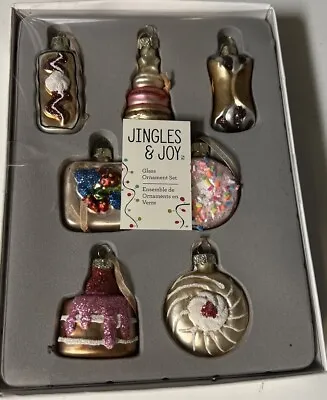 Set Of 7 JINGLES & JOY Miniature Glass Holiday Dessert Ornaments 2” Each • $14