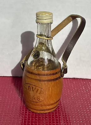 Vintage Miniature Navip Alcohol Bottle With Leather Strap And Wood Wrap • $10