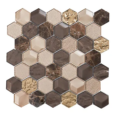 Hexagon Emperador Marble Metallic Brown Gold Beige Glass Mosaic Tile Backsplash • $24.80