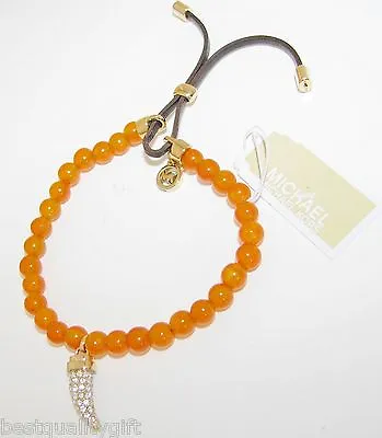 Michael Kors Stretch Orange Beads+gold Pave Horn+brown Leather Bracelet Mkj2291 • $84.99