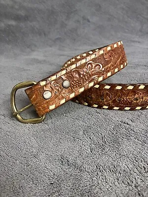 VTG Kids Western Belt Hand Tooled Leather Laced “CJ” Size 18 Buckle Cowboy Child • $22.90