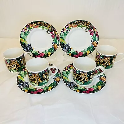 Vitromaster Rain Forest Tiger Demitasse Cups & Saucers Sue Zipkin Set Of 4 VTG • $36.55