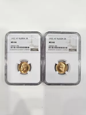 1902 Russia Two 5 Rouble Ruble Gold Uncirculated Coins MS66 NGC • $1125