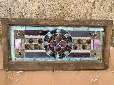 Rare Antique Leaded Stained Glass Window Pane Panel Transom Wood Frame 29X14  • $824.25