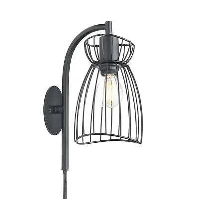 Modern Black Plug In Wall Light Metal Cage Design Bedroom Living Wall Lamp • £14.99