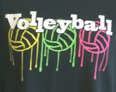 Gildan Women's T Shirt Large S/S Faded Black Neon Volleyballs Dripping Sweating  • $12