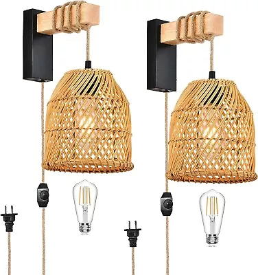 2  Rattan Hanging Wall Sconces ~ No Hardwire  Plug In Dimmable Wall Lights • $43.99