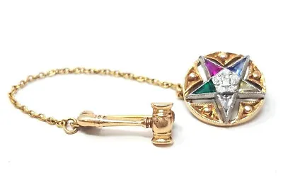 14K Yellow Gold Masonic Eastern Star And Gavel Pin Synthetic Glass Gemstones Vtg • $225