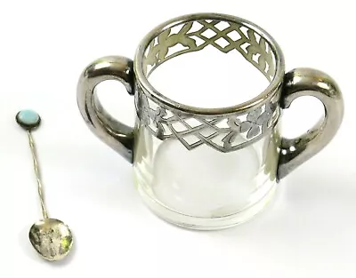 Glass Cup Silver Lattice Overlay Double Silver Handle Silver Blue Stone Spoon • $68.38