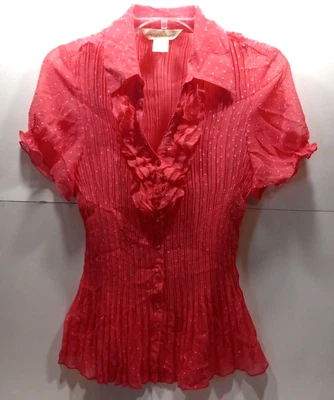 $11.24 • Buy New York City Design Co Pleated Stretch Sheer Blouse Size L Salmon Tux Ruffles