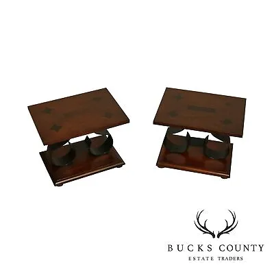 Mid Century Pair Oak And Black Wrought Iron Side Tables - Rosewood Butterfly • $795