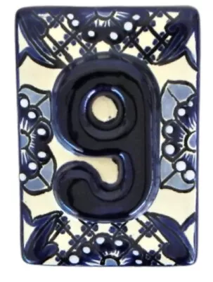 Mexican Talavera Tile House Number Address Blue White High Relief HR3 # 9 • $5.50