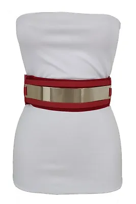 Women Fashion Fancy Dressy Belt Gold Metal Plate Mirror Buckle Red Waistband S M • $11.89