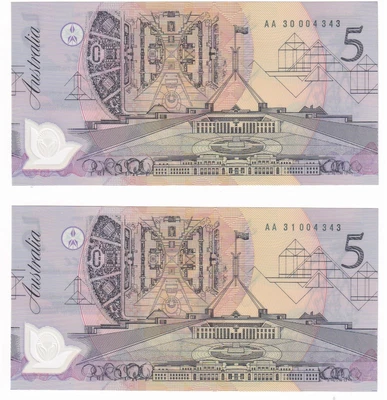 $59 • Buy R214 $5 Fraser/Cole Consecutive Prefix Pair 7 July 1992 Overprint On Reverse Unc