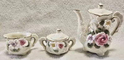 Vintage Miniature Tea Set ~ 3D Flowers ~ Teapot Creamer Sugar • $22.95