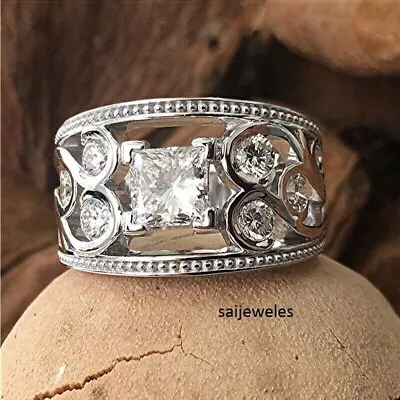 2CT Princess Cut Lab Created Diamond Art Deco Vintage Ring 14K White Gold Finish • $132.50