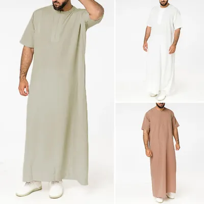 Men's Short Sleeve Muslim Islamic Kaftan Dishdasha Abaya Jubba Saudi Thobe Robe • $16.79