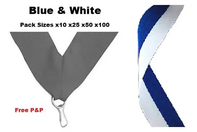 BLUE & WHITE MEDAL RIBBONS LANYARDS WITH CLIP 22mm WOVEN PACKS OF 10/25/50/100 • £1.99