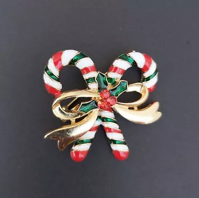 Candy Cane Christmas Brooch. Holly & Bow Detail. Womens Mens Christmas Brooch • £6.49